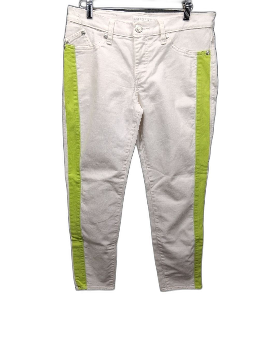 Rock & Republic Carnivale Low Rise Stretch White W/ Lime Green Stripe Sz 10